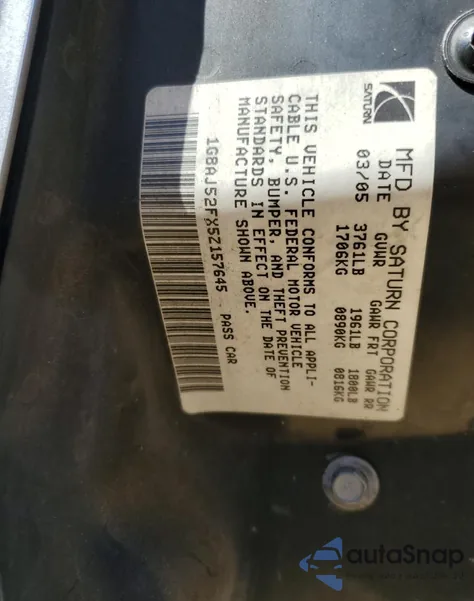 2005 Saturn Ion Level 2 from USA, damaged, VIN 1G8AJ52FX5Z157645